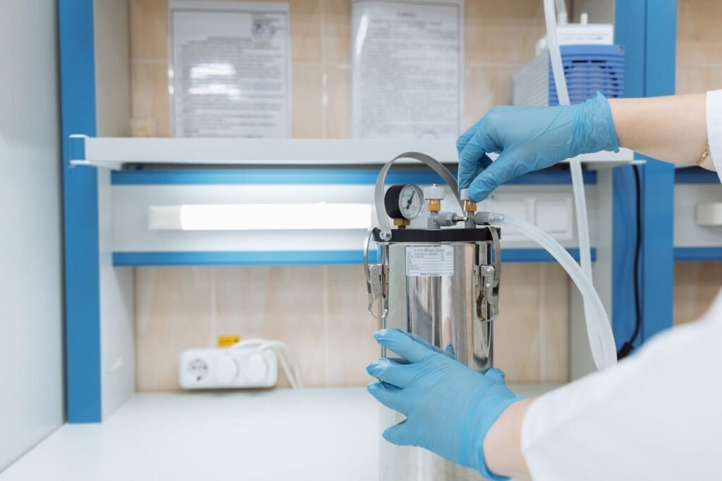 Healthcare practitioner providing patient care support in modern clinical setting